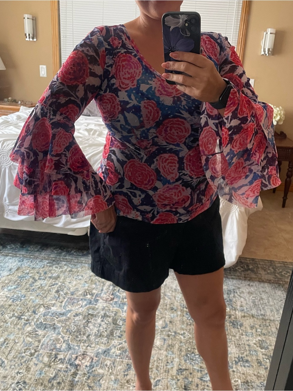 FUZZI Sheer Floral Ruffle Sleeve Top - Pink & Navy